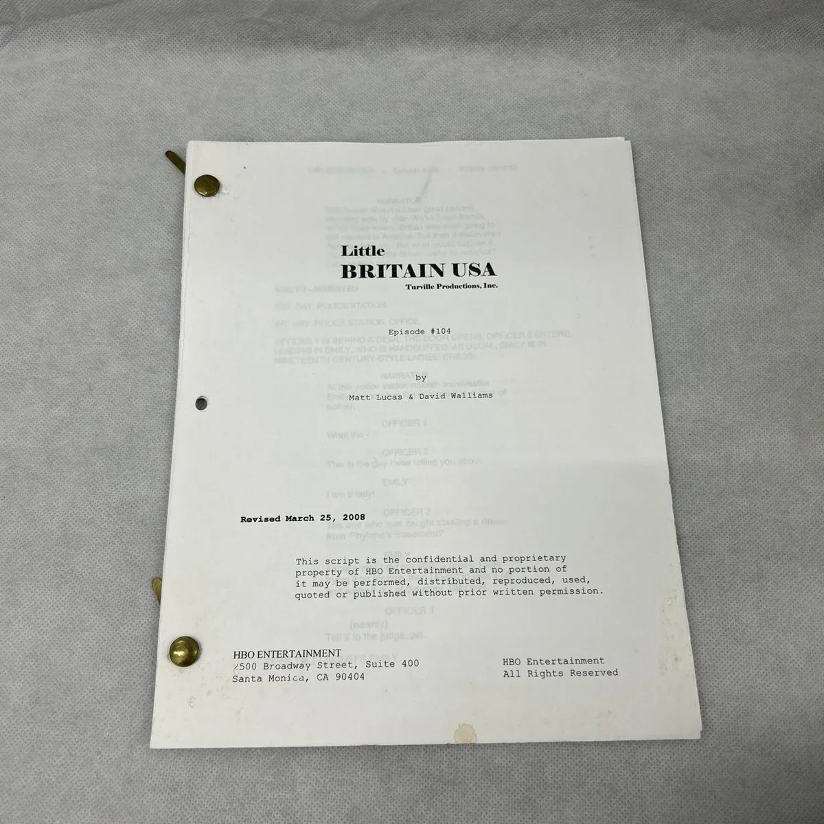 Little Britain USA Ep 104 Production Used Script HBO Series Prop COA Rare 2008